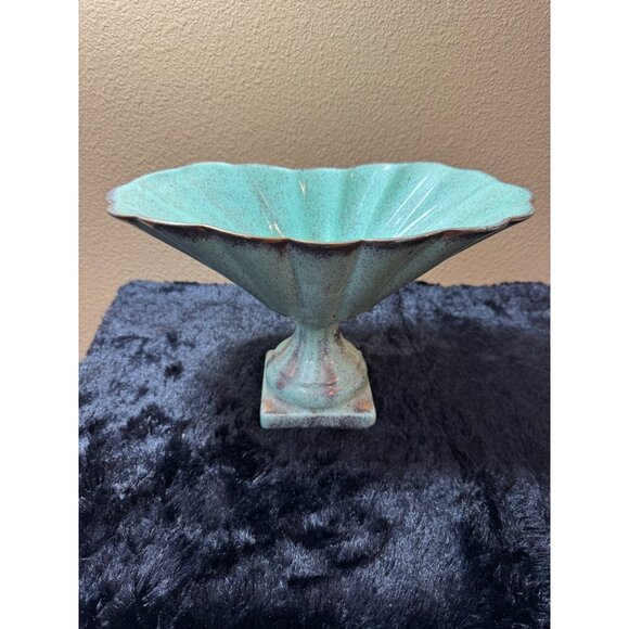 Vintage Other - Vintage Ceramic Pedestal Compote Bowl Green Gold Speckled